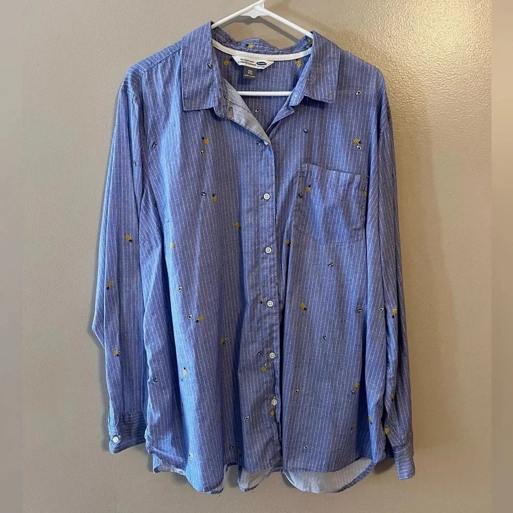 Old Navy Button Down‎ Shirt Classic Blue Avocado Pineapple Graphic XXL Fruit